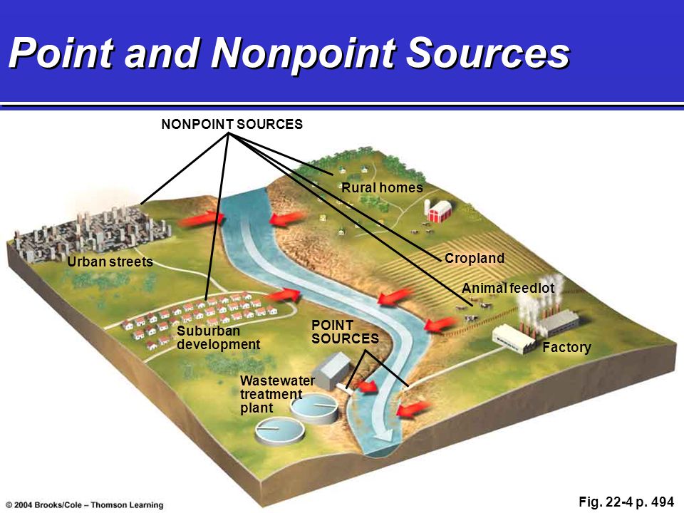 Point and Nonpoint Sources NONPOINT SOURCES Urban streets Suburban development Wastewater treatment plant Rural homes Cropland Factory Animal feedlot POINT SOURCES Fig.