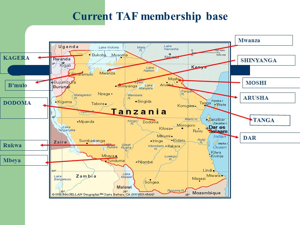 Current TAF membership base ARUSHA KAGERA DODOMA DAR ES SALAAM Mwanza Mbeya TANGA MOSHI SHINYANGA Rukwa B’mulo