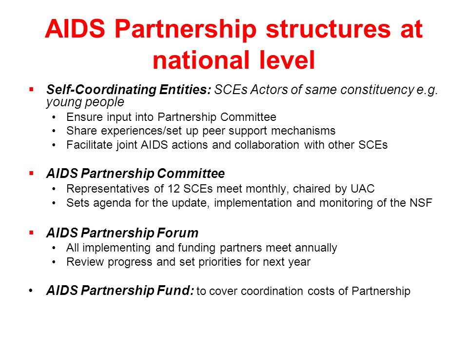 AIDS Partnership structures at national level  Self-Coordinating Entities: SCEs Actors of same constituency e.g.