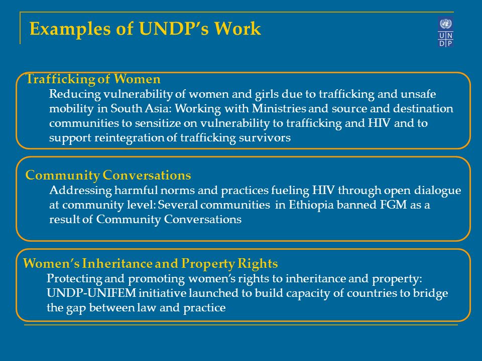 Examples of UNDP’s Work Trafficking of Women Reducing vulnerability of women and girls due to trafficking and unsafe mobility in South Asia: Working with Ministries and source and destination communities to sensitize on vulnerability to trafficking and HIV and to support reintegration of trafficking survivors Women’s Inheritance and Property Rights Protecting and promoting women’s rights to inheritance and property: UNDP-UNIFEM initiative launched to build capacity of countries to bridge the gap between law and practice Community Conversations Addressing harmful norms and practices fueling HIV through open dialogue at community level: Several communities in Ethiopia banned FGM as a result of Community Conversations
