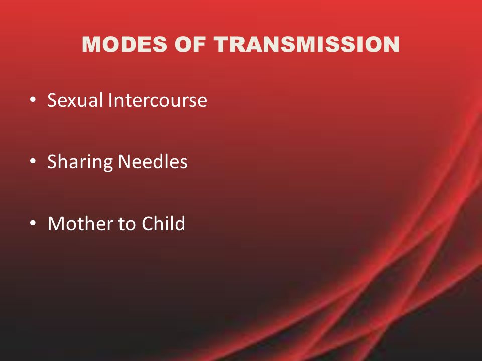 MODES OF TRANSMISSION Sexual Intercourse Sharing Needles Mother to Child