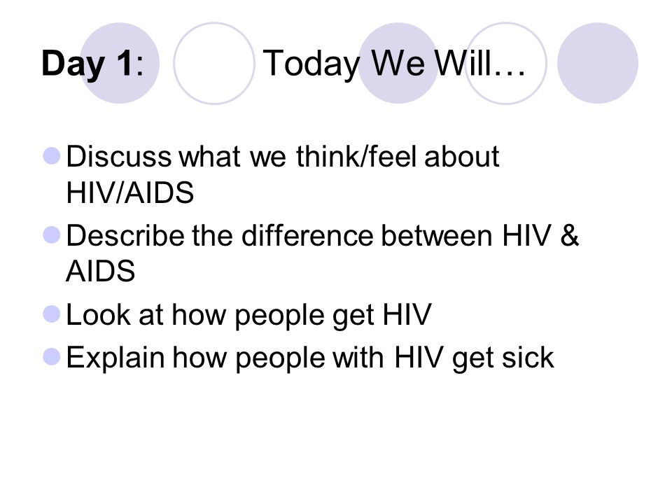Day 1: Today We Will… Discuss what we think/feel about HIV/AIDS Describe the difference between HIV & AIDS Look at how people get HIV Explain how people with HIV get sick