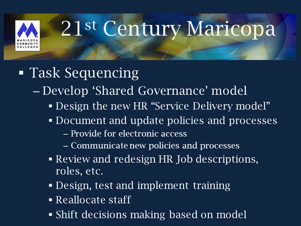  Task Sequencing – Develop ‘Shared Governance’ model  Design the new HR Service Delivery model  Document and update policies and processes – Provide for electronic access – Communicate new policies and processes  Review and redesign HR Job descriptions, roles, etc.
