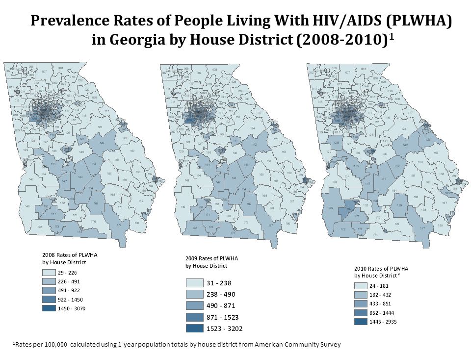 1 Rates per 100,000 calculated using 1 year population totals by house district from American Community Survey Prevalence Rates of People Living With HIV/AIDS (PLWHA) in Georgia by House District ( ) Rates of PLWHA by House District