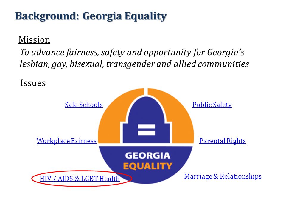 To advance fairness, safety and opportunity for Georgia’s lesbian, gay, bisexual, transgender and allied communities Safe Schools Workplace Fairness Public Safety Parental Rights Marriage & Relationships HIV / AIDS & LGBT Health Background: Georgia Equality Mission Issues