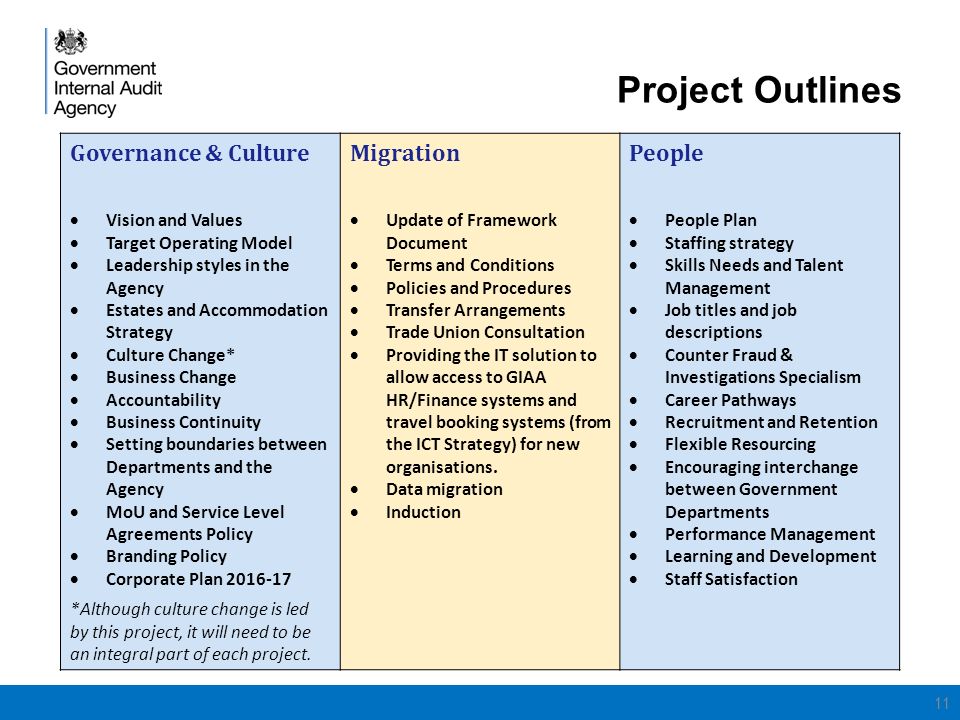 Project Outlines 11 Governance & Culture  Vision and Values  Target Operating Model  Leadership styles in the Agency  Estates and Accommodation Strategy  Culture Change*  Business Change  Accountability  Business Continuity  Setting boundaries between Departments and the Agency  MoU and Service Level Agreements Policy  Branding Policy  Corporate Plan *Although culture change is led by this project, it will need to be an integral part of each project.