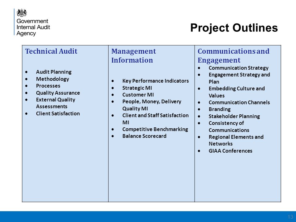 Project Outlines 13 Technical Audit  Audit Planning  Methodology  Processes  Quality Assurance  External Quality Assessments  Client Satisfaction Management Information  Key Performance Indicators  Strategic MI  Customer MI  People, Money, Delivery Quality MI  Client and Staff Satisfaction MI  Competitive Benchmarking  Balance Scorecard Communications and Engagement  Communication Strategy  Engagement Strategy and Plan  Embedding Culture and Values  Communication Channels  Branding  Stakeholder Planning  Consistency of Communications  Regional Elements and Networks  GIAA Conferences