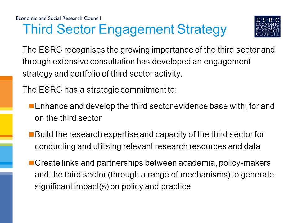 Third Sector Engagement Strategy The ESRC recognises the growing importance of the third sector and through extensive consultation has developed an engagement strategy and portfolio of third sector activity.