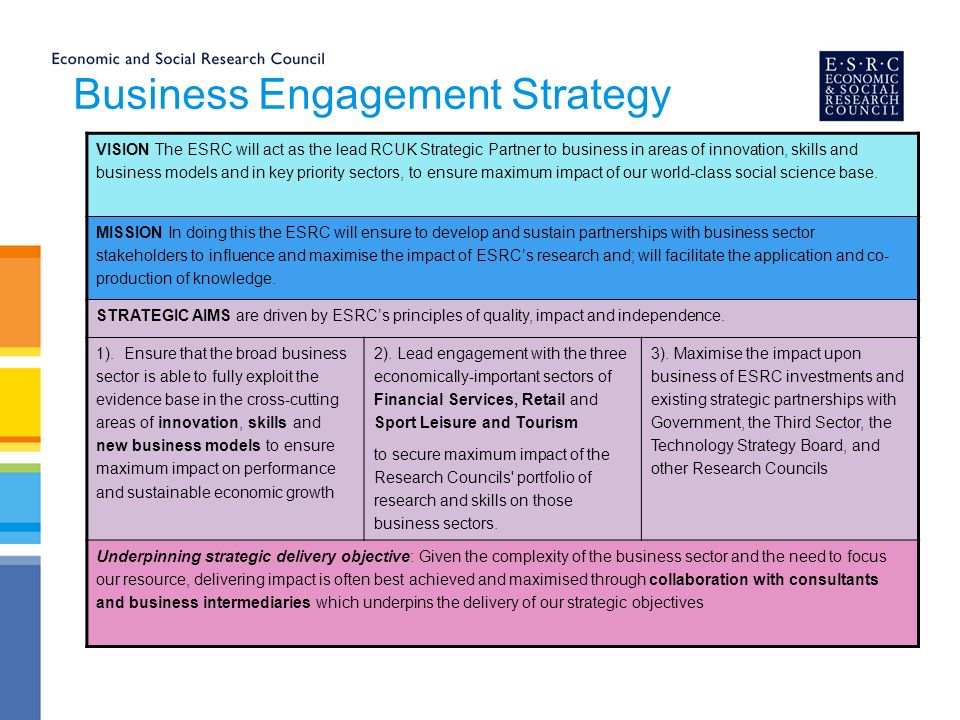 Business Engagement Strategy VISION The ESRC will act as the lead RCUK Strategic Partner to business in areas of innovation, skills and business models and in key priority sectors, to ensure maximum impact of our world-class social science base.
