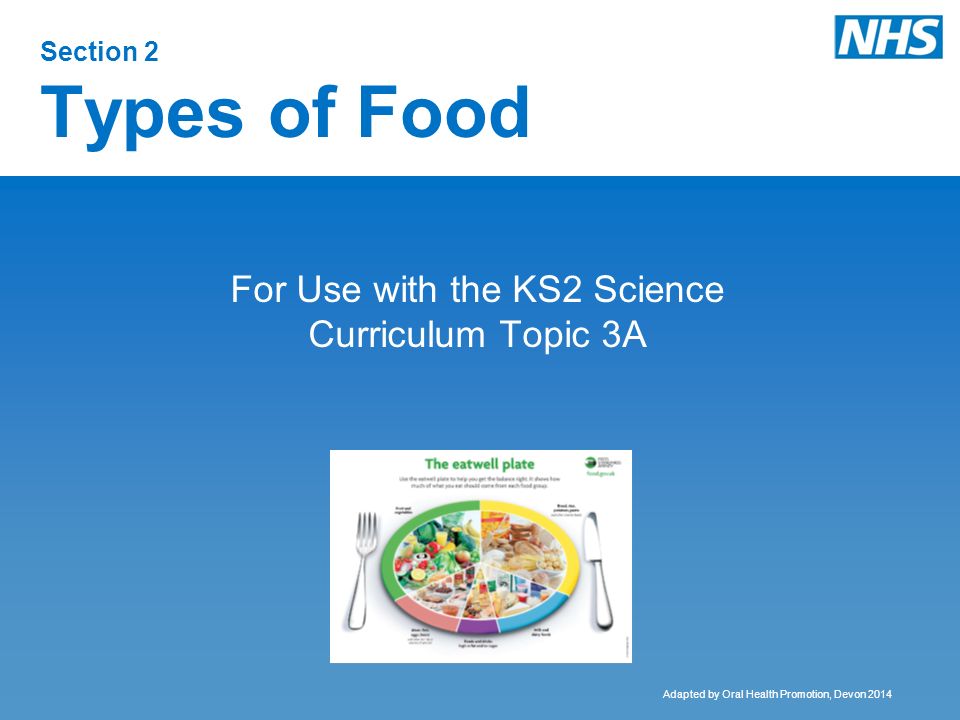 Section 2 Types of Food For Use with the KS2 Science Curriculum Topic 3A Adapted by Oral Health Promotion, Devon 2014