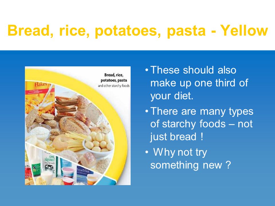 Bread, rice, potatoes, pasta - Yellow These should also make up one third of your diet.