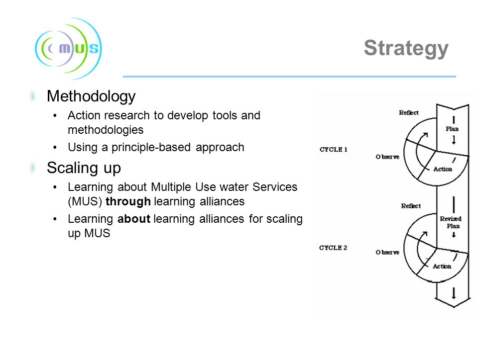 Strategy Methodology Action research to develop tools and methodologies Using a principle-based approach Scaling up Learning about Multiple Use water Services (MUS) through learning alliances Learning about learning alliances for scaling up MUS