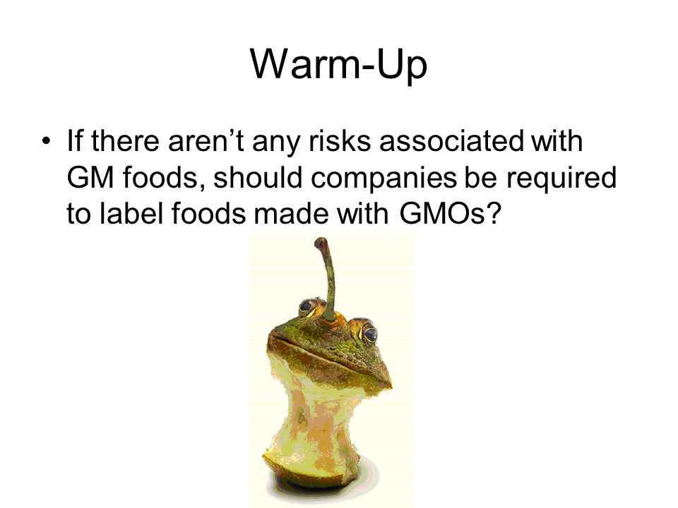 Warm-Up If there aren’t any risks associated with GM foods, should companies be required to label foods made with GMOs