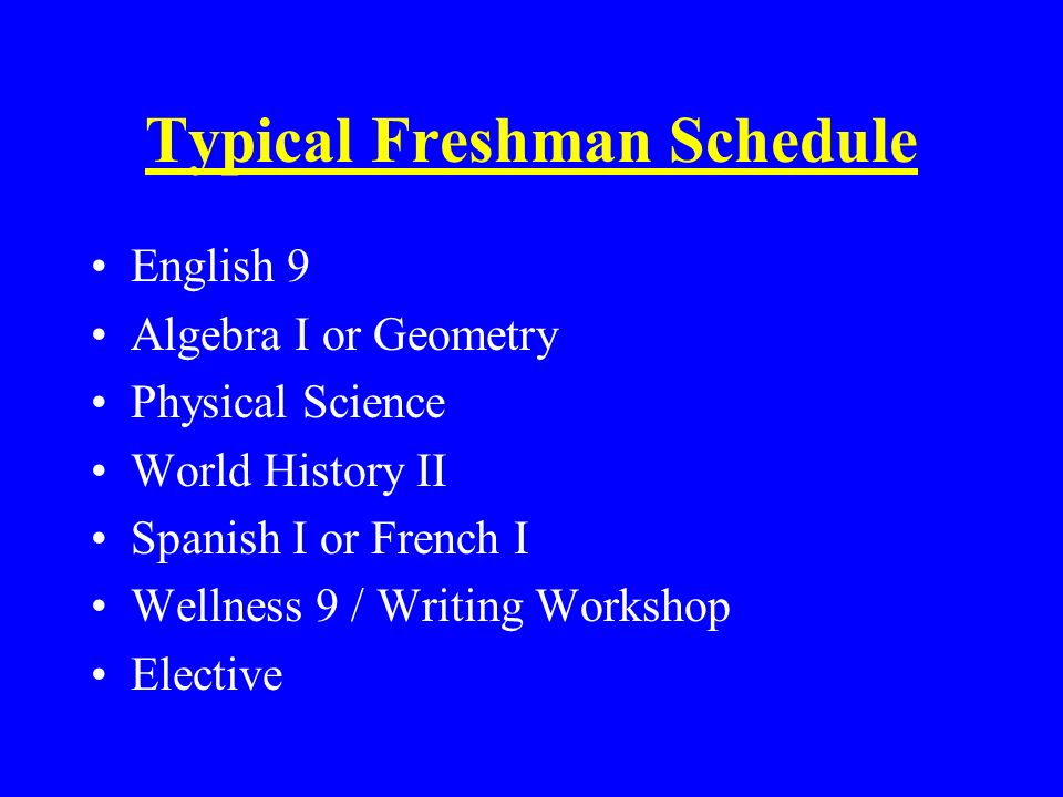 Typical Freshman Schedule English 9 Algebra I or Geometry Physical Science World History II Spanish I or French I Wellness 9 / Writing Workshop Elective