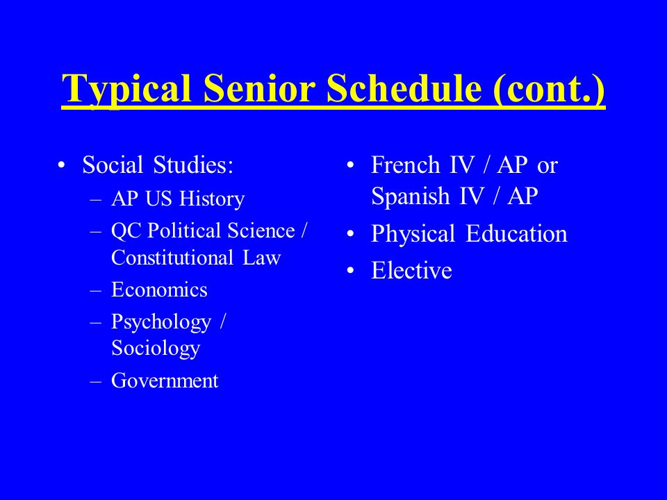 Typical Senior Schedule (cont.) Social Studies: –AP US History –QC Political Science / Constitutional Law –Economics –Psychology / Sociology –Government French IV / AP or Spanish IV / AP Physical Education Elective