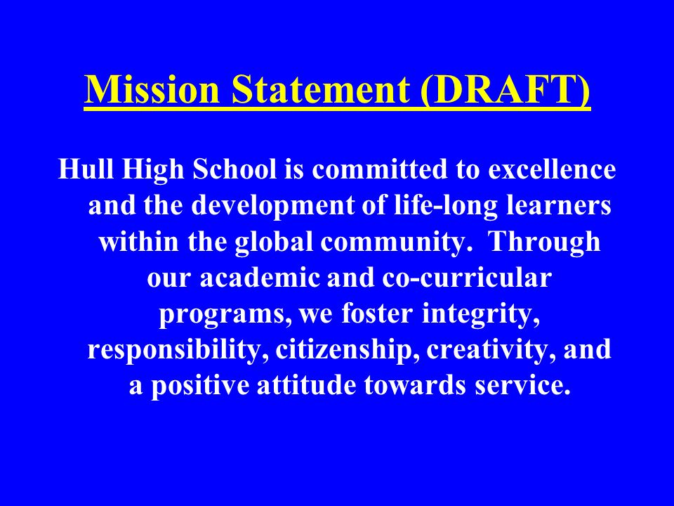 Mission Statement (DRAFT) Hull High School is committed to excellence and the development of life-long learners within the global community.