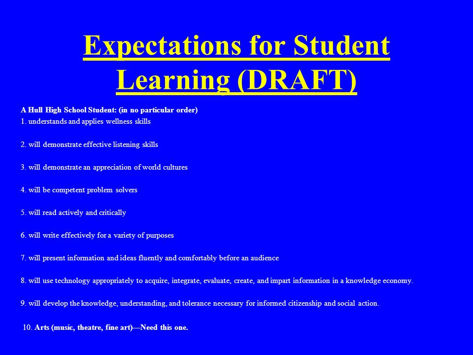 Expectations for Student Learning (DRAFT) A Hull High School Student: (in no particular order) 1.