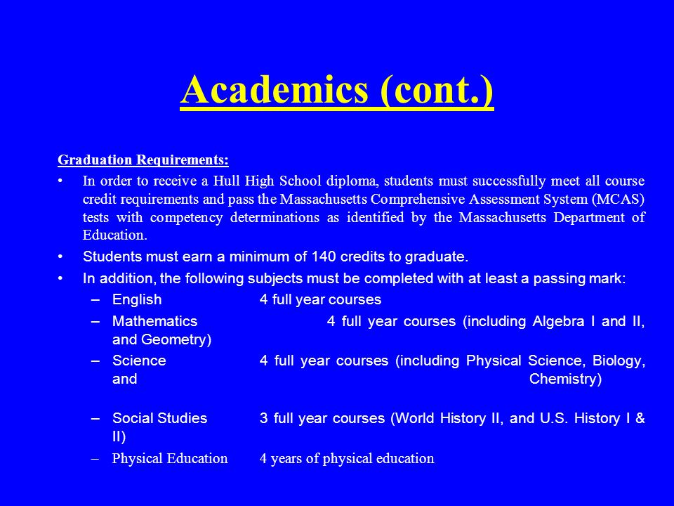 Academics (cont.) Graduation Requirements: In order to receive a Hull High School diploma, students must successfully meet all course credit requirements and pass the Massachusetts Comprehensive Assessment System (MCAS) tests with competency determinations as identified by the Massachusetts Department of Education.