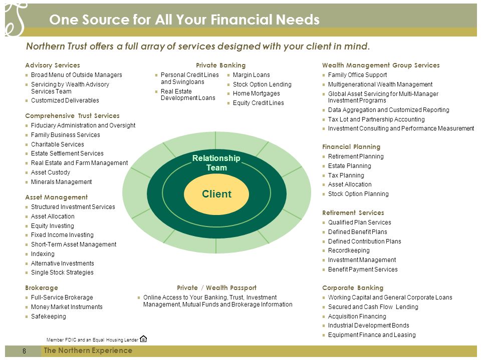 8 The Northern Experience One Source for All Your Financial Needs Northern Trust offers a full array of services designed with your client in mind.