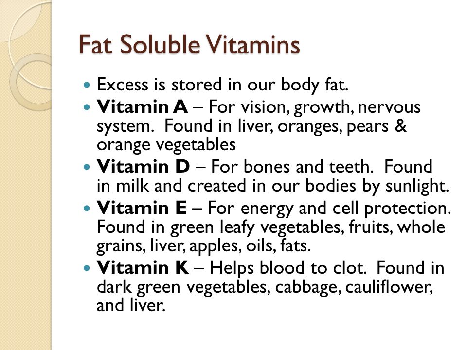 Fat Soluble Vitamins Excess is stored in our body fat.