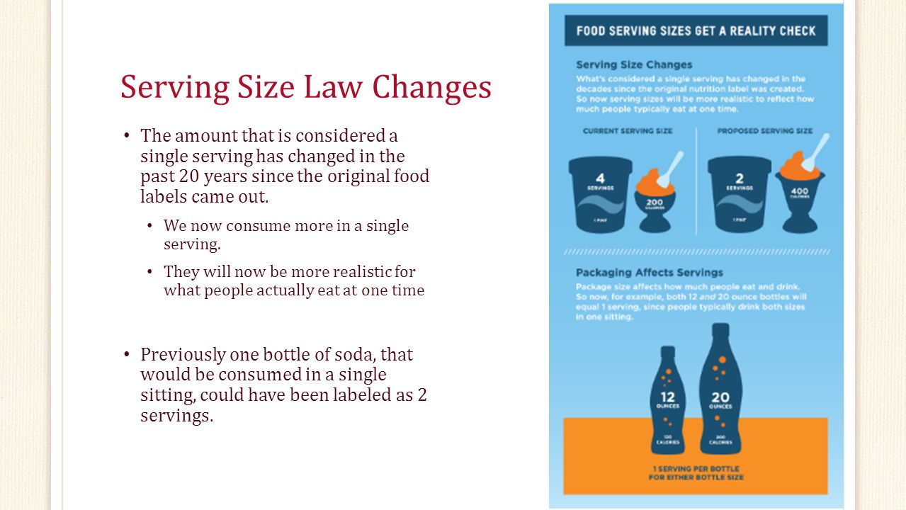 Serving Size Law Changes The amount that is considered a single serving has changed in the past 20 years since the original food labels came out.