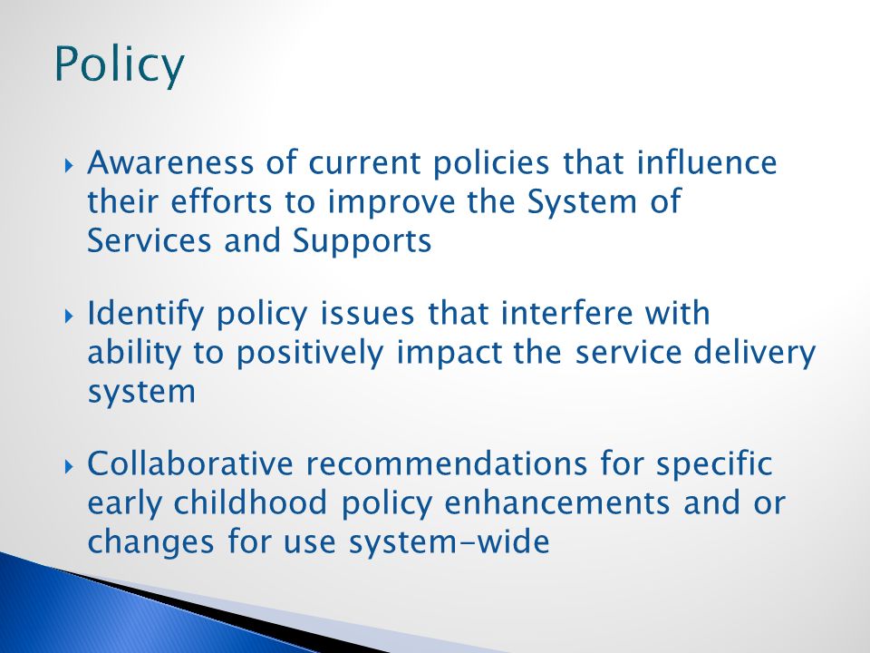  Awareness of current policies that influence their efforts to improve the System of Services and Supports  Identify policy issues that interfere with ability to positively impact the service delivery system  Collaborative recommendations for specific early childhood policy enhancements and or changes for use system-wide