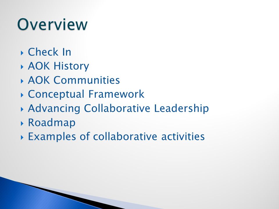  Check In  AOK History  AOK Communities  Conceptual Framework  Advancing Collaborative Leadership  Roadmap  Examples of collaborative activities