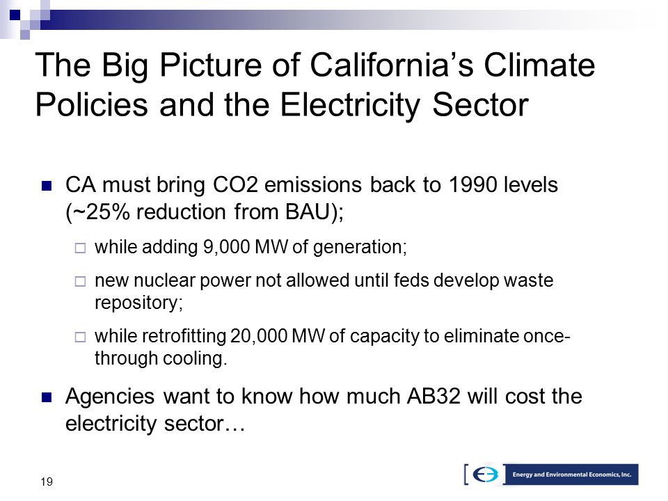 19 The Big Picture of California’s Climate Policies and the Electricity Sector CA must bring CO2 emissions back to 1990 levels (~25% reduction from BAU);  while adding 9,000 MW of generation;  new nuclear power not allowed until feds develop waste repository;  while retrofitting 20,000 MW of capacity to eliminate once- through cooling.