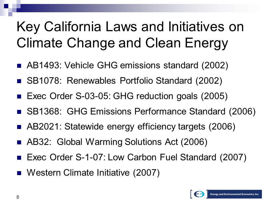8 Key California Laws and Initiatives on Climate Change and Clean Energy AB1493: Vehicle GHG emissions standard (2002) SB1078: Renewables Portfolio Standard (2002) Exec Order S-03-05: GHG reduction goals (2005) SB1368: GHG Emissions Performance Standard (2006) AB2021: Statewide energy efficiency targets (2006) AB32: Global Warming Solutions Act (2006) Exec Order S-1-07: Low Carbon Fuel Standard (2007) Western Climate Initiative (2007)