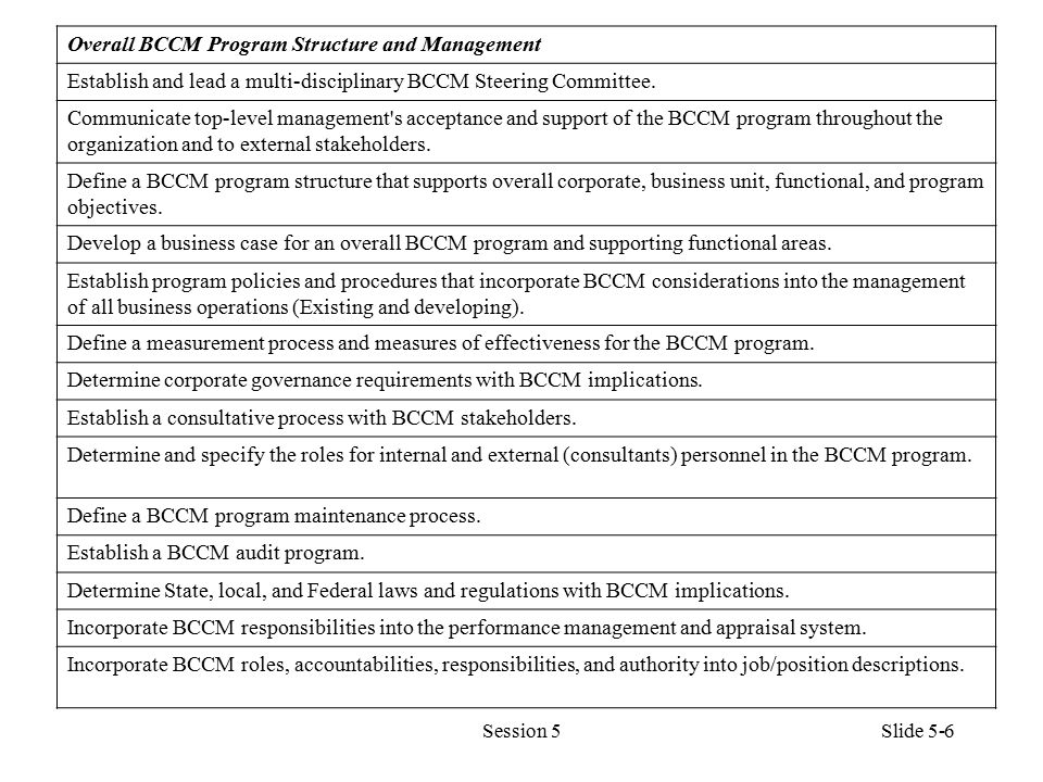 Session 56 Overall BCCM Program Structure and Management Establish and lead a multi-disciplinary BCCM Steering Committee.