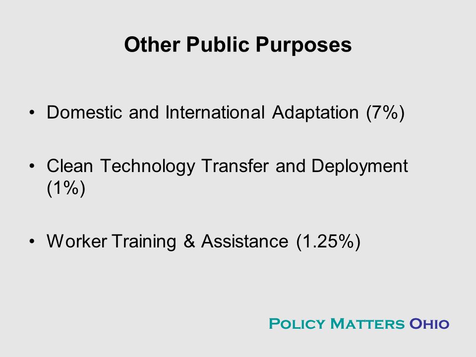 Other Public Purposes Domestic and International Adaptation (7%) Clean Technology Transfer and Deployment (1%) Worker Training & Assistance (1.25%) Policy Matters Ohio