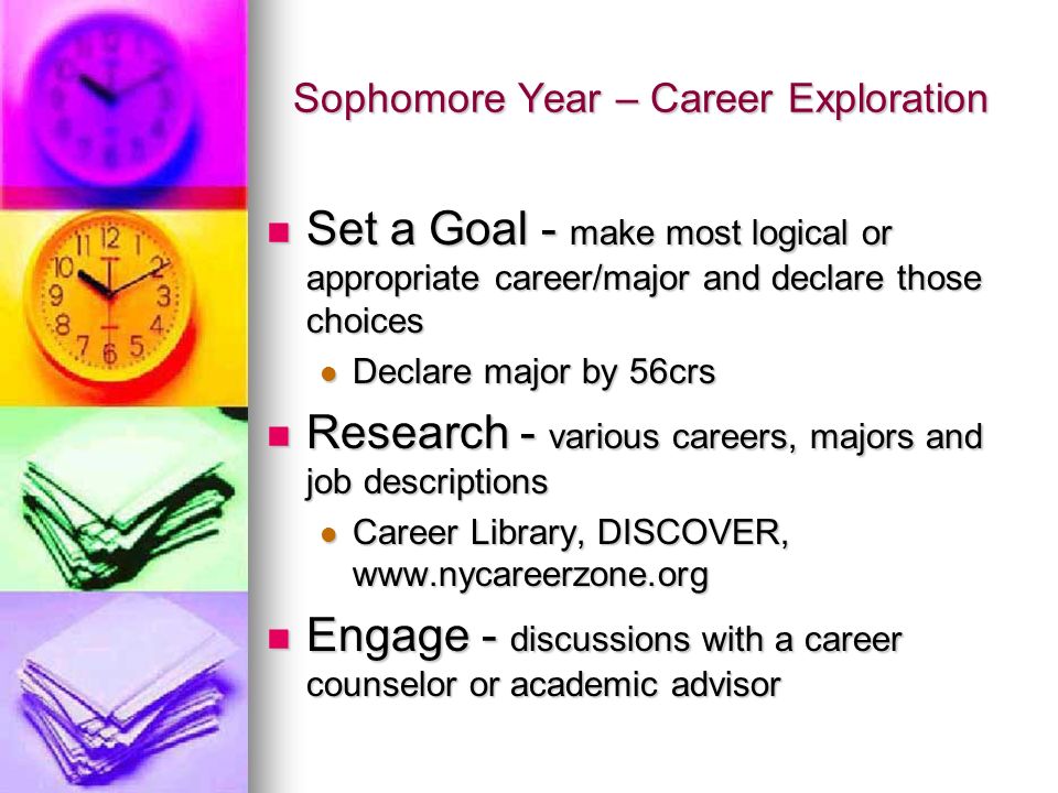 Sophomore Year – Career Exploration Set a Goal - make most logical or appropriate career/major and declare those choices Set a Goal - make most logical or appropriate career/major and declare those choices Declare major by 56crs Declare major by 56crs Research - various careers, majors and job descriptions Research - various careers, majors and job descriptions Career Library, DISCOVER,   Career Library, DISCOVER,   Engage - discussions with a career counselor or academic advisor Engage - discussions with a career counselor or academic advisor