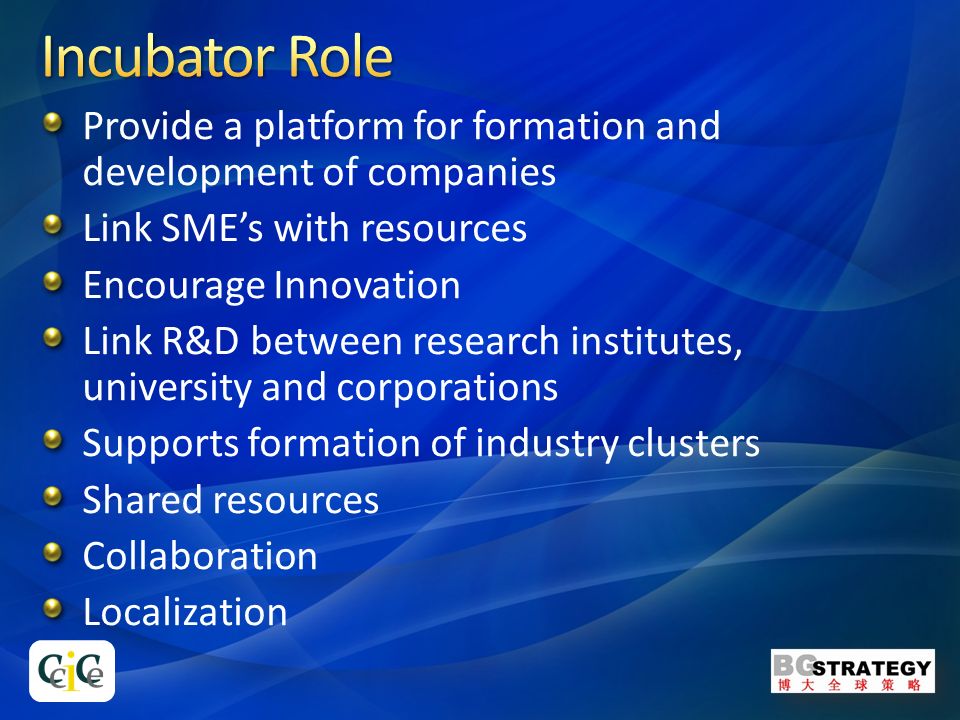 Provide a platform for formation and development of companies Link SME’s with resources Encourage Innovation Link R&D between research institutes, university and corporations Supports formation of industry clusters Shared resources Collaboration Localization