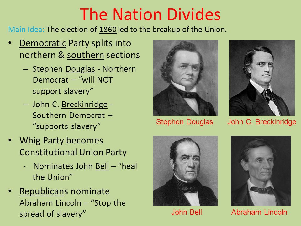 The Nation Divides Main Idea: The election of 1860 led to the breakup of the Union.