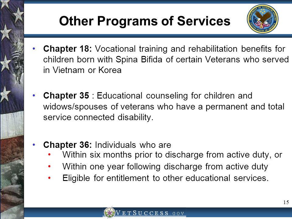 15 Other Programs of Services Chapter 18: Vocational training and rehabilitation benefits for children born with Spina Bifida of certain Veterans who served in Vietnam or Korea Chapter 35 : Educational counseling for children and widows/spouses of veterans who have a permanent and total service connected disability.