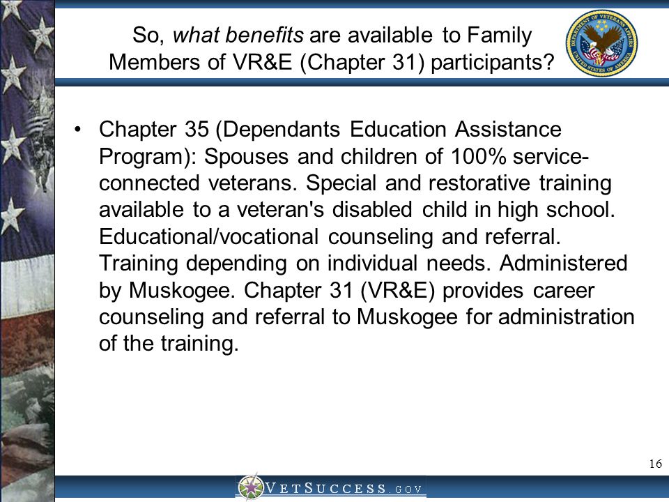 So, what benefits are available to Family Members of VR&E (Chapter 31) participants.