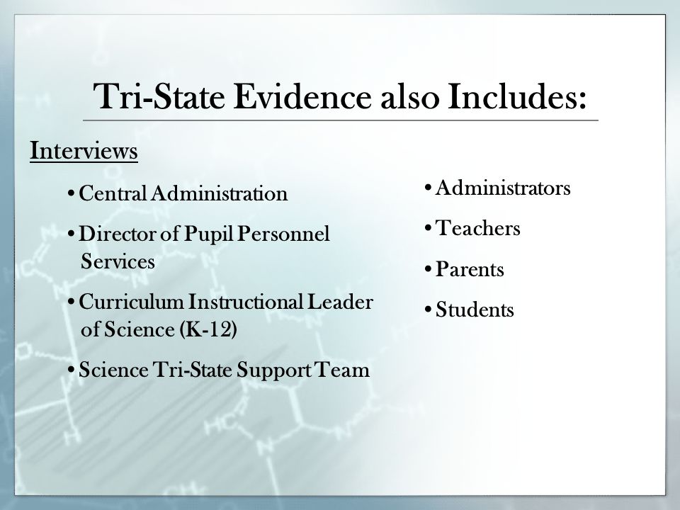 Tri-State Evidence also Includes: Interviews Central Administration Director of Pupil Personnel Services Curriculum Instructional Leader of Science (K-12) Science Tri-State Support Team Administrators Teachers Parents Students