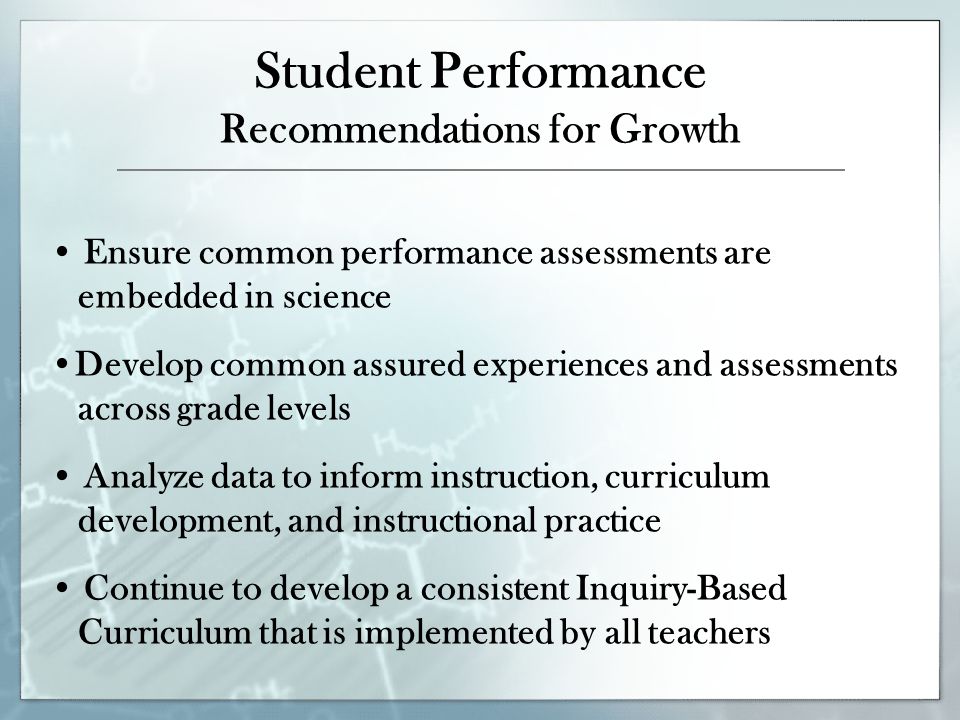 Student Performance Recommendations for Growth Ensure common performance assessments are embedded in science Develop common assured experiences and assessments across grade levels Analyze data to inform instruction, curriculum development, and instructional practice Continue to develop a consistent Inquiry-Based Curriculum that is implemented by all teachers