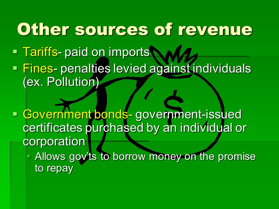 Other sources of revenue  Tariffs- paid on imports  Fines- penalties levied against individuals (ex.