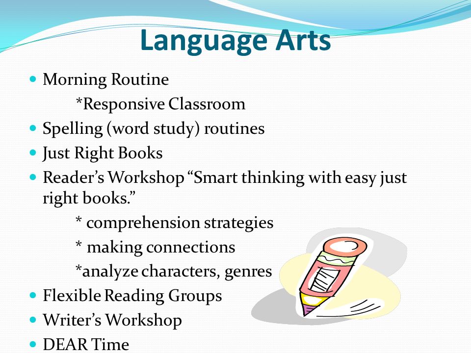 Language Arts Morning Routine *Responsive Classroom Spelling (word study) routines Just Right Books Reader’s Workshop Smart thinking with easy just right books. * comprehension strategies * making connections *analyze characters, genres Flexible Reading Groups Writer’s Workshop DEAR Time