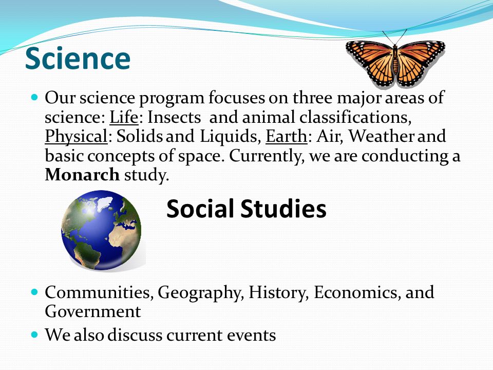 Science Our science program focuses on three major areas of science: Life: Insects and animal classifications, Physical: Solids and Liquids, Earth: Air, Weather and basic concepts of space.