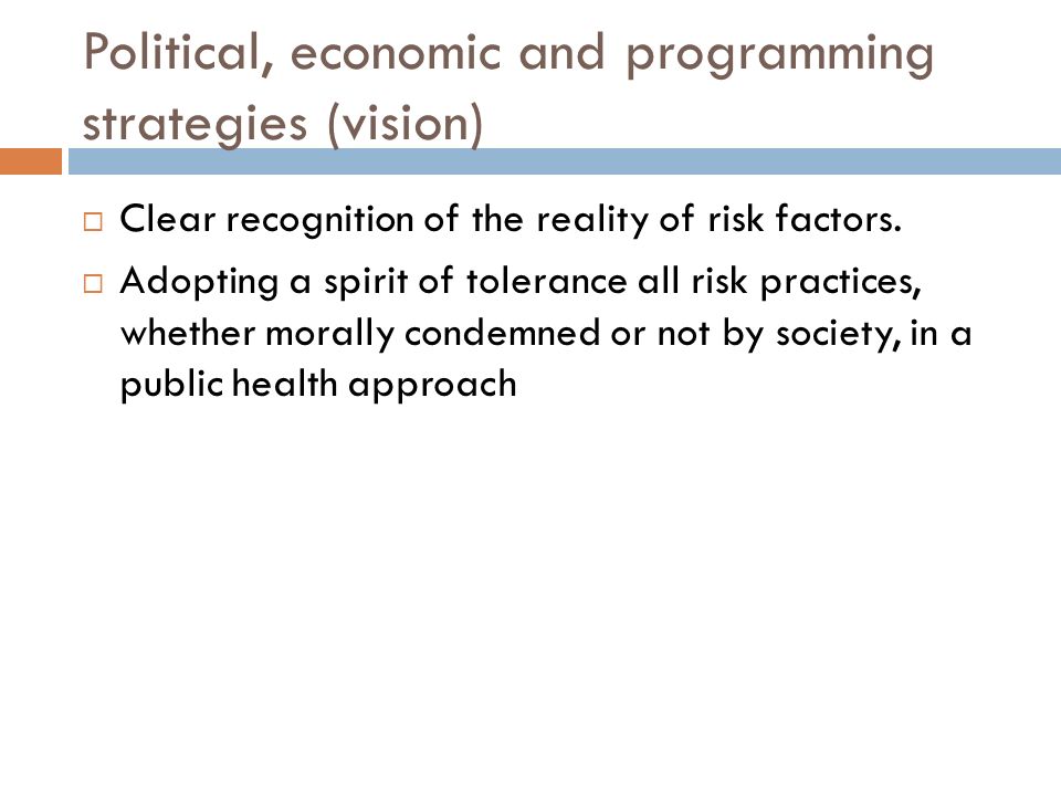 Political, economic and programming strategies (vision)  Clear recognition of the reality of risk factors.