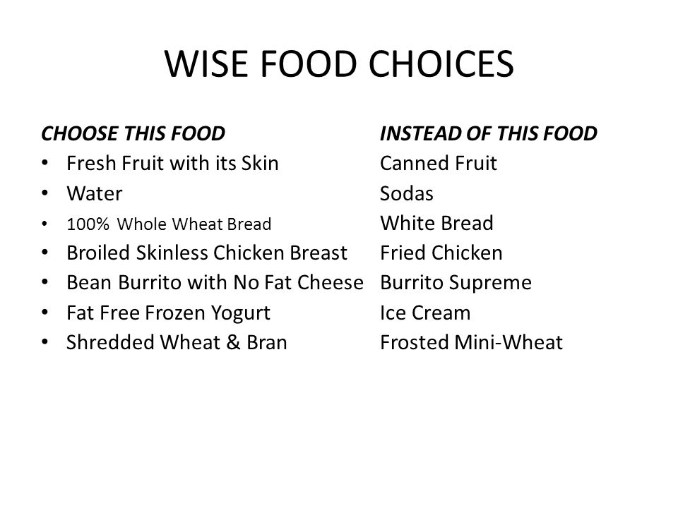 WISE FOOD CHOICES CHOOSE THIS FOOD INSTEAD OF THIS FOOD Fresh Fruit with its Skin Canned Fruit Water Sodas 100% Whole Wheat Bread White Bread Broiled Skinless Chicken Breast Fried Chicken Bean Burrito with No Fat Cheese Burrito Supreme Fat Free Frozen Yogurt Ice Cream Shredded Wheat & Bran Frosted Mini-Wheat
