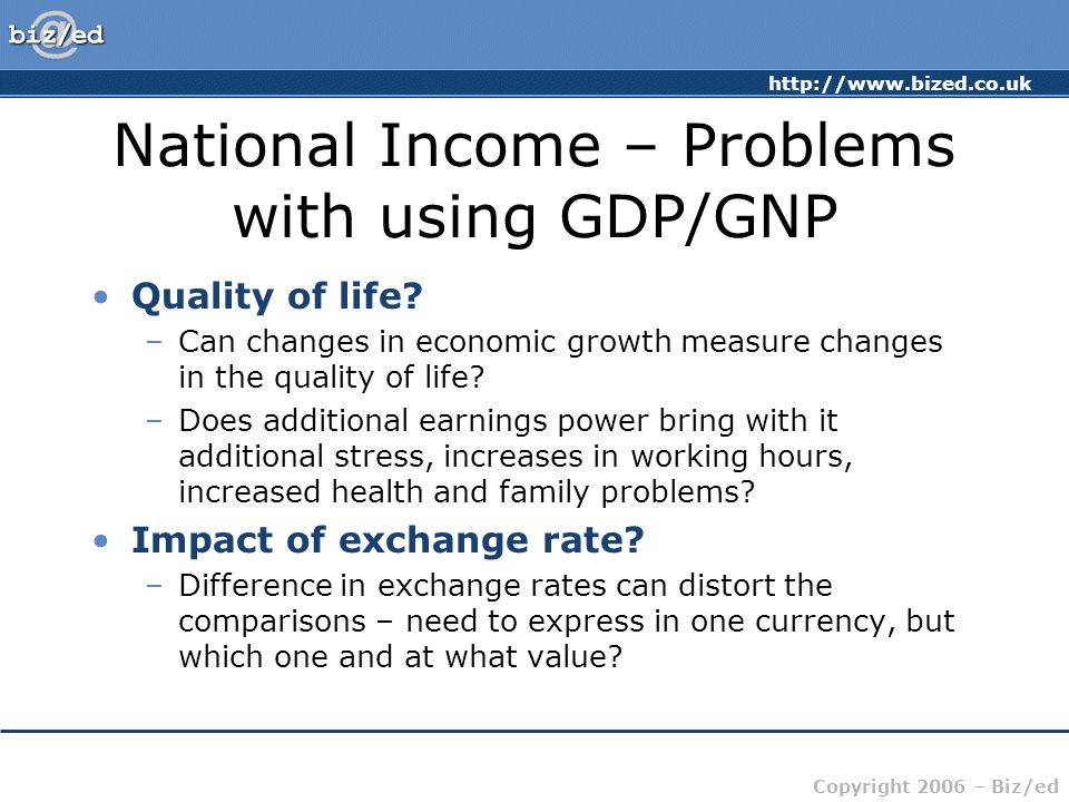 Copyright 2006 – Biz/ed National Income – Problems with using GDP/GNP Quality of life.