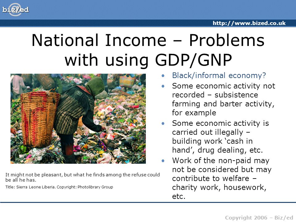 Copyright 2006 – Biz/ed National Income – Problems with using GDP/GNP Black/informal economy.