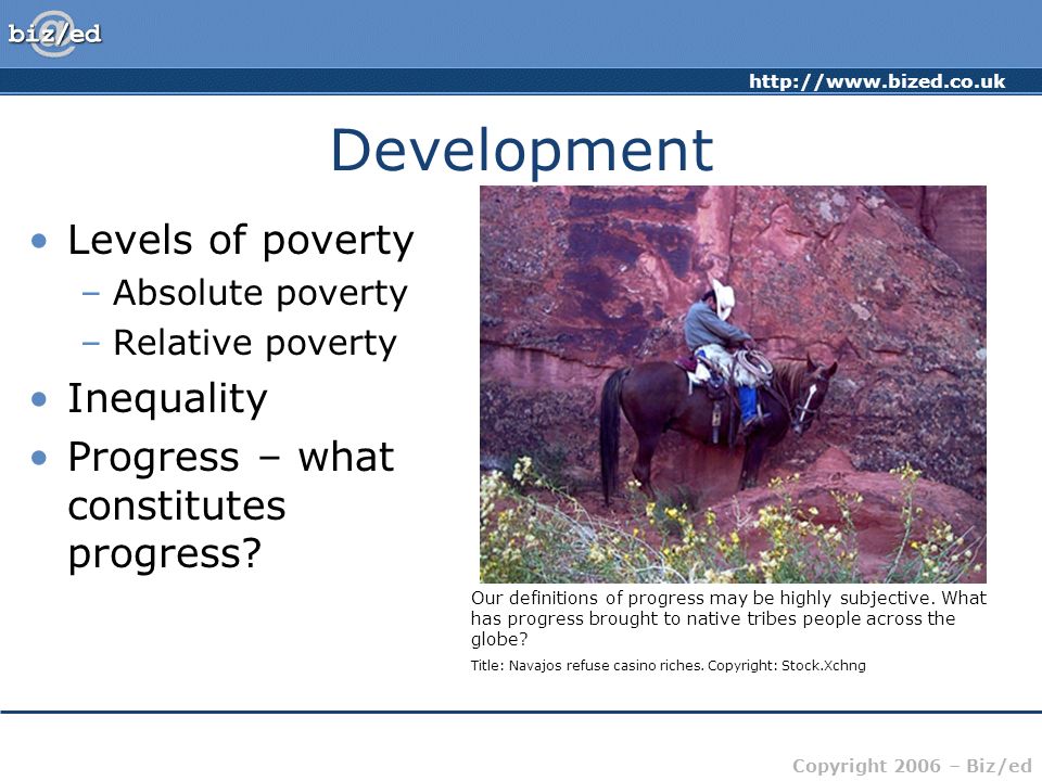 Copyright 2006 – Biz/ed Development Levels of poverty –Absolute poverty –Relative poverty Inequality Progress – what constitutes progress.