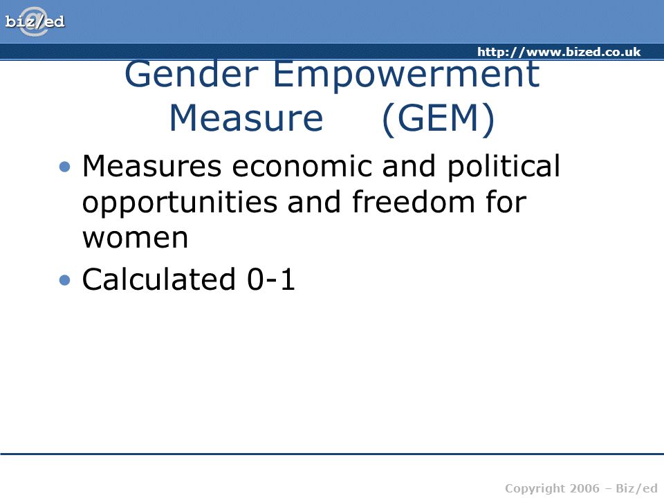 Copyright 2006 – Biz/ed Gender Empowerment Measure (GEM) Measures economic and political opportunities and freedom for women Calculated 0-1