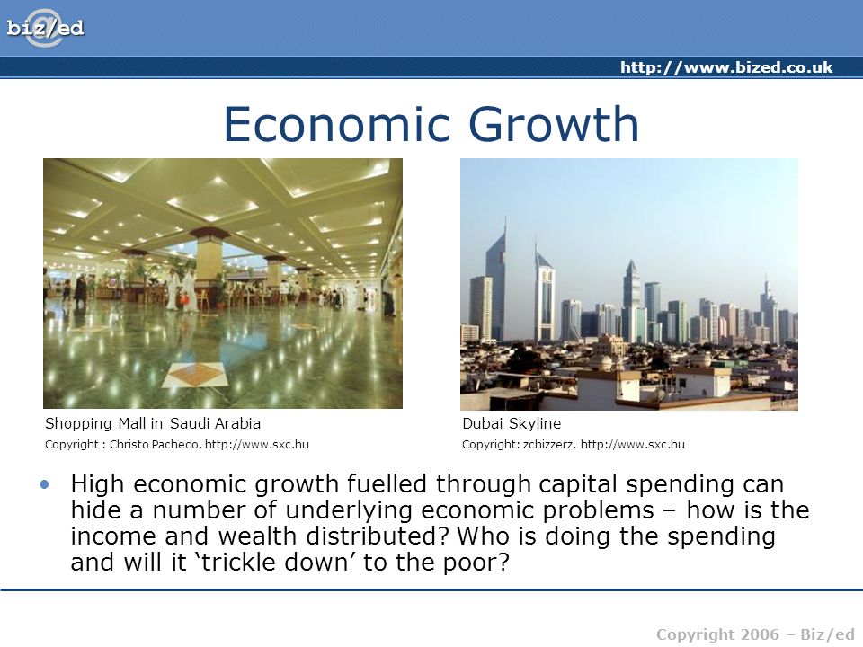 Copyright 2006 – Biz/ed Economic Growth High economic growth fuelled through capital spending can hide a number of underlying economic problems – how is the income and wealth distributed.
