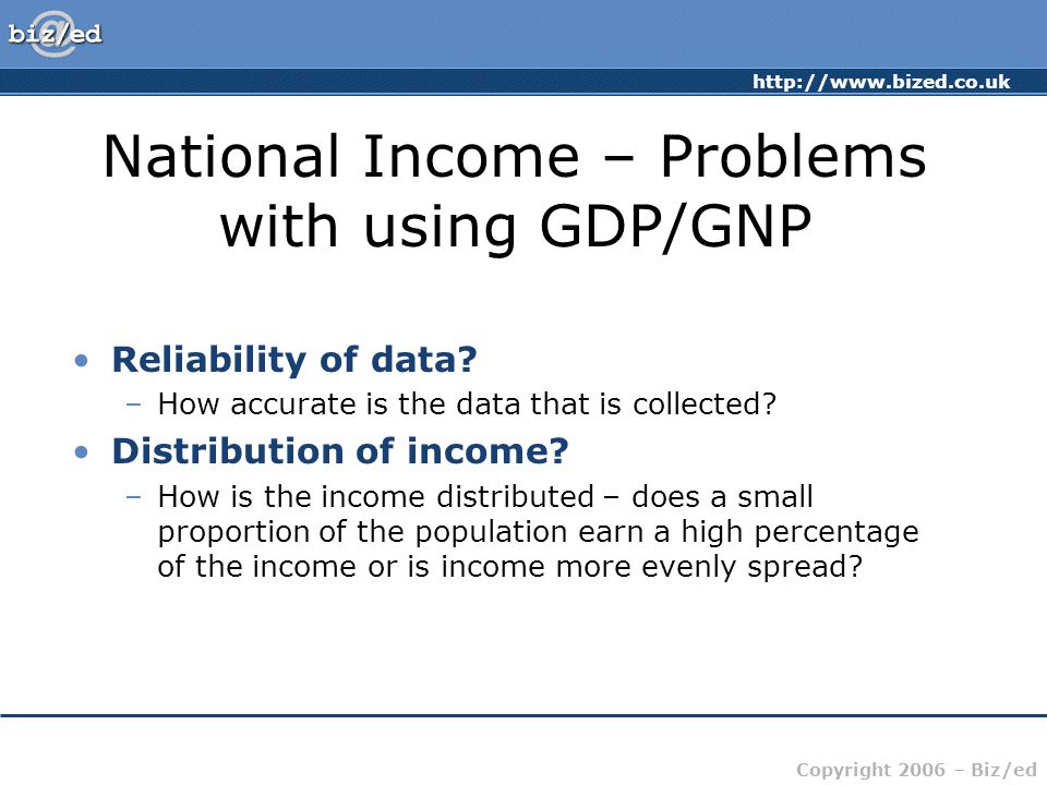 Copyright 2006 – Biz/ed National Income – Problems with using GDP/GNP Reliability of data.