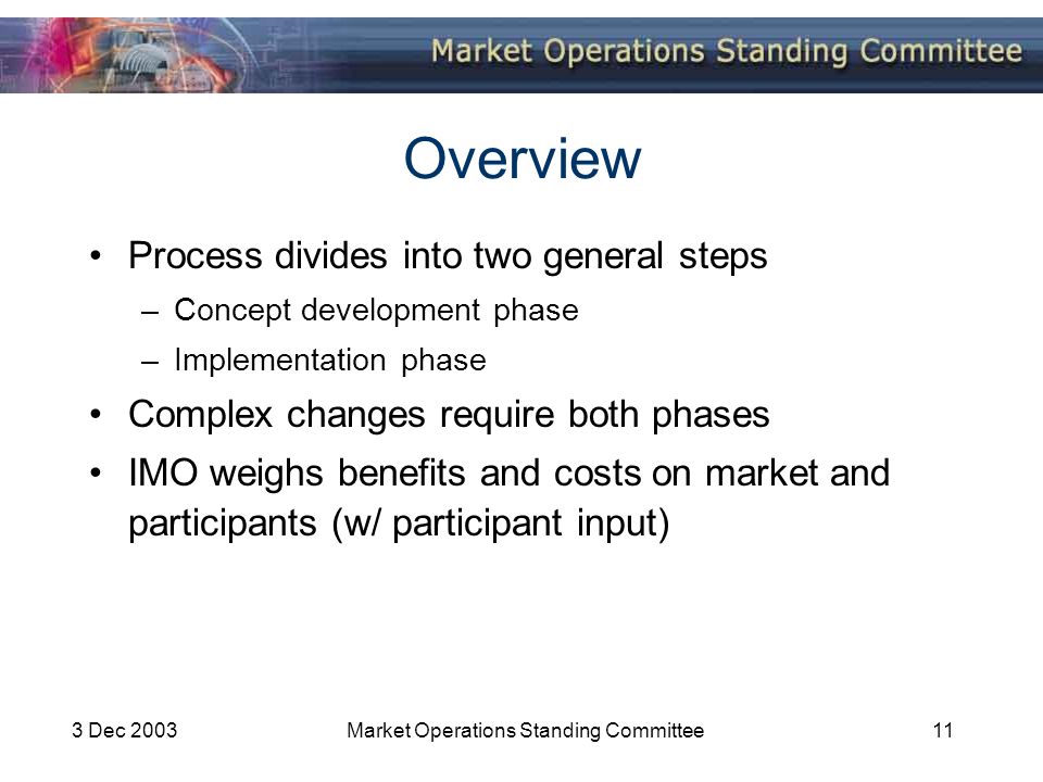 3 Dec 2003Market Operations Standing Committee11 Overview Process divides into two general steps –Concept development phase –Implementation phase Complex changes require both phases IMO weighs benefits and costs on market and participants (w/ participant input)